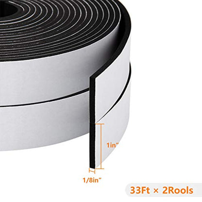 Neoprene Weather Stripping Foam Tape, 1 Inch x 1/8 Inch, High Resilience Door & Window Seal, 33 Feet (2 Rolls x 16.5ft) - size: 1in * 1/8in *33FT