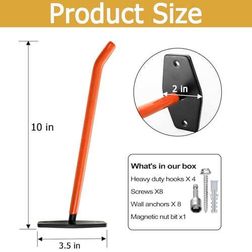 Frcctre 4 Pack Heavy Duty Garage Hooks, 10 Inch Wall Mount Utility Carbon Steel Garage Storage Hooks Tool Organizer Hanger for Car Tires, Ladders, Chairs, Ropes and Garden Tools-Max Load 88 lbs