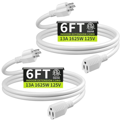 16/3 White Extension Cord 6 FT (2Pack), Indoor Extension Cord for Laptops, Coffee Makers, Office Home Appliances, 3 Prong Resistant Cable Flexible, 13A 125V 1625W ETL Listed - color: White, size: 6FT-2pc, style: 16AWG Extension Cord