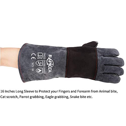 RAPICCA Animal Handling Gloves Bite Proof Double Leather Reinforced Padding Dog,Cat Scratch,Bird Handling Falconry Gloves Grabbing Reptile Squirrel Snake Bite 16in Grey-Black - style: 16 Inches