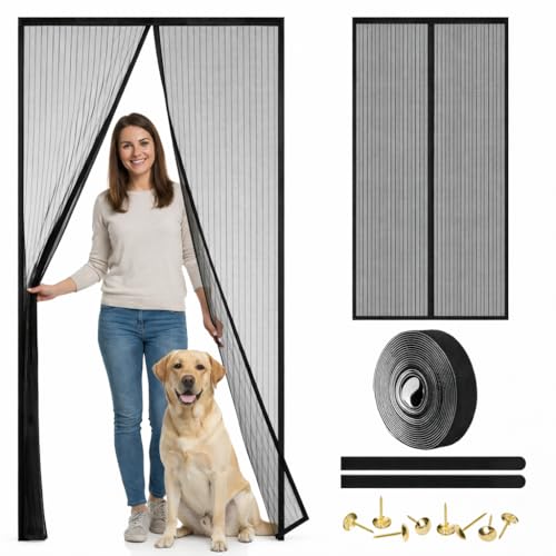 Magnetic Screen Door - Self Sealing, Heavy Duty, Hands Free Mesh Partition Keeps Bugs Out Let Breeze in- Pet and Kid Friendly - Keep Open Feature (Black, Fit Door Size 38 x 80 Inch) - color: Black, size: Fit Door Size 38 x 80 Inch