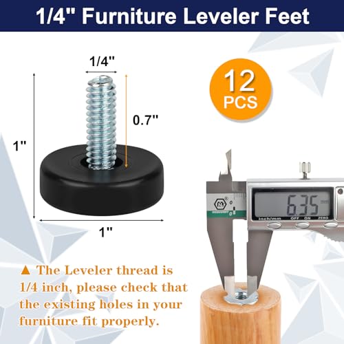 1/4" Thread Furniture Feet Levelers, 12 PCS Adjustable Furniture Feet Threaded Screw in, Leveling Feet Screw On Furniture Glide Leveling for Table, Cabinets, Chairs, Stool Legs - size: 1/4"-20