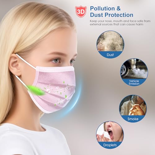 NNPCBT Pink Disposable Face Masks 100 Pack,3-Ply Breathable Mask For Adults,Great For Outdoors,Home, Office, School - color: Adult-100 Pack-pink