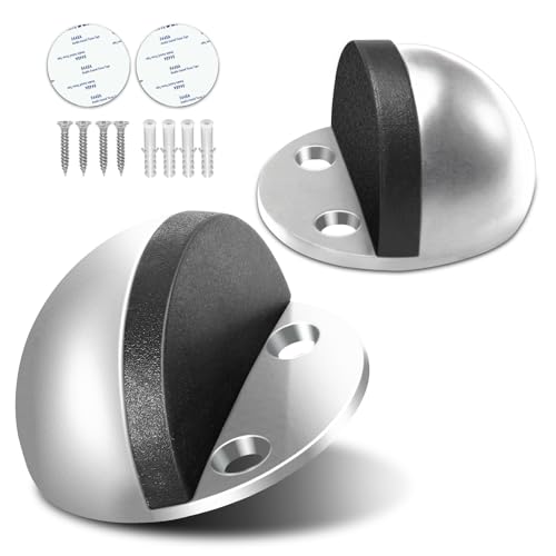 2 Pack Door Stoppers, Adhesive Floor Door Stops No Drill Stainless Steel Door Stoppers for Bottom of Door Doorstop Wall Protector with Rubber Bumper, Brushed Nickel - color: Silver, size: 2 Pack