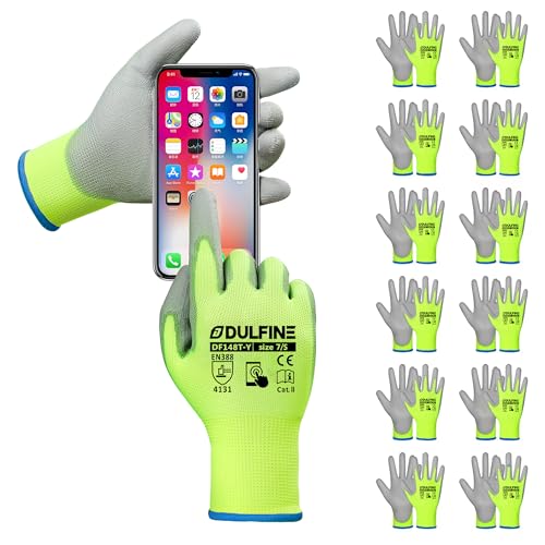 Safety Work Gloves PU Coated for Men and Women-12 Pairs,Hi-Vis Yellow Seamless Knit Glove with Two Fingers Touchscreen,Ideal for General Duty Work (Small) - color: Yellow-touch Screen, size: Small
