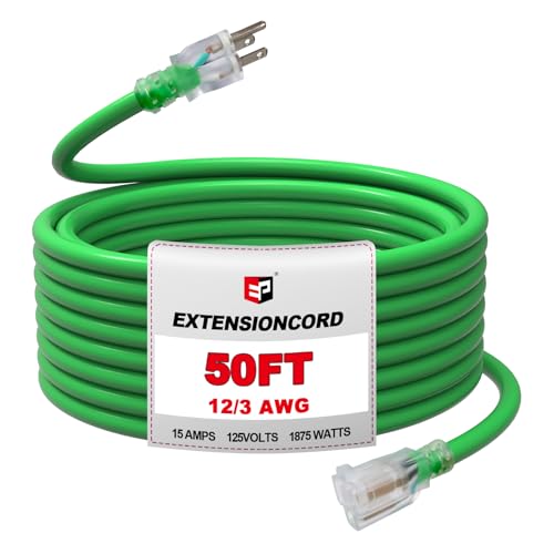EP 50Ft Outdoor Extension Cord, 12/3 SJTW Heavy Duty Waterproof Power Cable, 3 Prong Grounded Plug, Lighted End, for Lawn, Garden, Appliances, Green - color: Green, size: 50ft