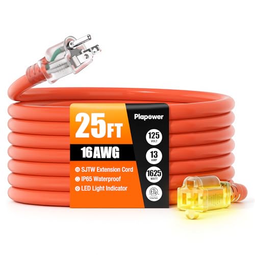 25 FT Outdoor Extension Cord Waterproof, 16/3 Gauge Heavy Duty 3 Prong Power Cord with Lighted Indicator End, 13A 125V 1625W SJTW, ETL Listed, Great for Lawn/Garden/Home(Orange) - color: Orange, size: 25 FT