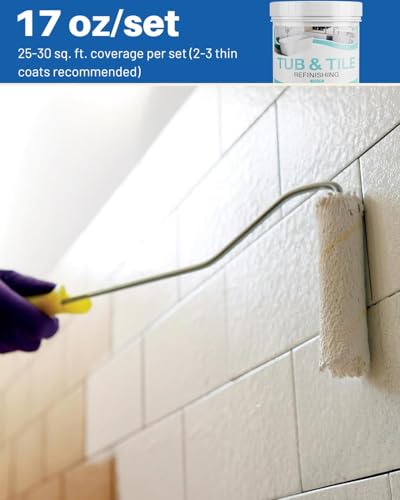 Tile Paint, 17oz Tub and Tile Paint Refinishing Kit with Tools, Easy to Use for Countertop Bathroom Bathtub Kitchen Sink, Semi-Gloss White, Low Odor，25-30sq.ft - size: 17.3 Fl Oz (Pack of 1)