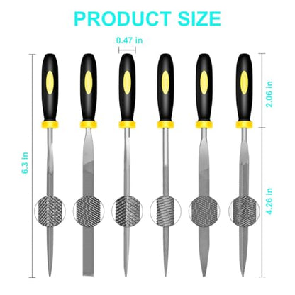 6 Piece Metal Needle File Set - 4-inch,Carbon Steel Files for Metal, Wood & Jewelry | Includes Flat, Warding, Square, Triangular, Round, and Half-Round Files - size: 6pcs 4in
