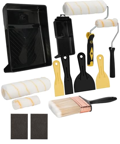 Bates- Paint Roller Kit, 15 pcs, 9" and 4" Roller Frames with Covers, 9" and 4" Plastic Paint Trays, Plastic Putty Knives, 4" Deck Stain Brush, Sanding Sponge, Wall Painting Supplies for Home Interior