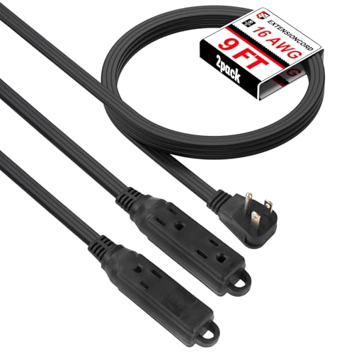 EP 9 Ft 3 Outlet Extension Cord with Flat Plug, 3 Prong Grounded, 16/3 SPT-3 Power Cable for Indoor Use, Black, 2 Pack - color: Black, size: 9 Ft