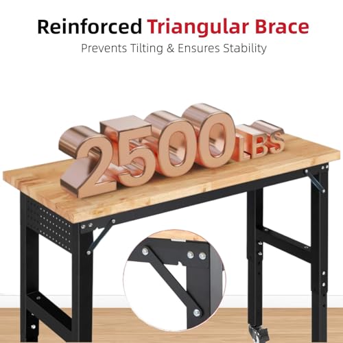 ENJOYWOOD 60" x 22" Heavy Duty Workbench with Wheels, Adjustable Height Garage Work Table with Solid Rubberwood Top, Pegboard & Power Outlets for Workshop, Home & Office - size: Large