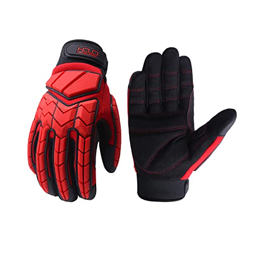 HANDLANDY HLDD Heavy Duty Work Gloves, TPR Protector Impact Gloves, Men Anti Vibration Mechanic Work Glove TouchScreen - color: Red-sbr Padde, size: Large