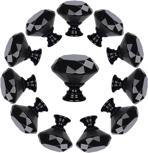 YourGift 6 Pack Drawer Knobs Diamond Shaped Crystal Glass 30mm Cabinet Knobs Pull Handles (30mm, 6 Pack, All Black) - color: All Black, size: 30 mm, 6 Pack