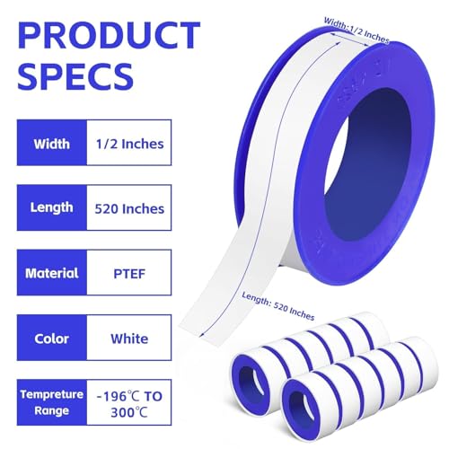 12 Rolls Teflon Tape for Plumbers, 1/2 x 520 Inches PTFE Thread Seal Tape, White Pipe Sealant for Shower Head, Water Pipe Sealing and Leak Prevention, Sealing Tape for Threaded Connections