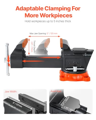 VEVOR Bench Vise, 5" Jaw Width, 5" Max Jaw Opening Multipurpose Vise with 360° Swivel Locking Base, 2.8" Throat Depth, Heavy Duty Ductile Iron Workbench Vise with Anvil, for Clamping Round Pipes - size: 5-inch
