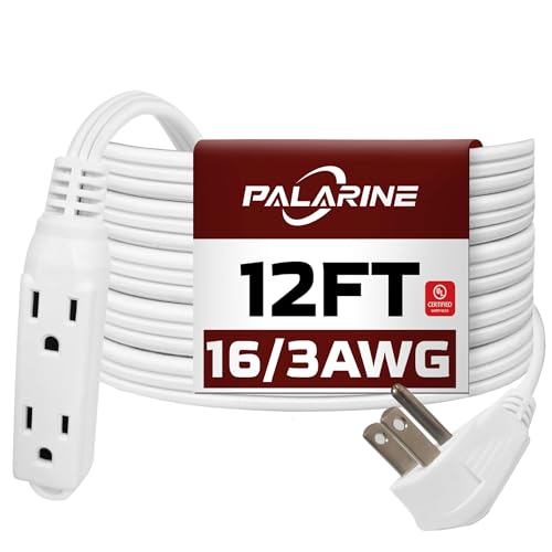 Flat Plug Extension Cord with 3 Outlets Extender, Flat Plug Power Strip, Indoor Extension Cord 16 Gauge 12FT White 3 Prong, 16/3 SPT-3 13A, UL Listed - color: White, size: 12 FT