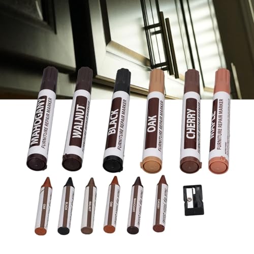 Touch Up Paint Pen,Furniture Markers Touch Up,Wood Stain,6 Sets (Marker Pen+Crayon),Brown Markers Cover All Scratches,Scuffs,and Damage to Wood Furniture and Flooring,Home Essentials