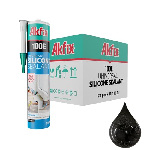 Akfix 100E RTV Black Silicone Caulk (24x10.1 fl.oz.) - 100% Waterproof Silicone Sealant for Kitchen and Bathroom, Shower, Toilet, Sink, Window and Door, UV Resistant, Flexible | Black, 24 Pack - color: Black, size: 24 Pack