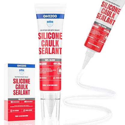 GH1200 White Silicone Sealant - 150 ML/5 FL Oz Waterproof Sealant for Kitchen & Bathroom - Shrink & Crack Proof Silicone Caulk - Indoor & Outdoor Use Sealant - Strong Formula Silicone Adhesive Tube