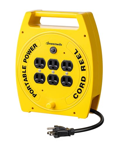 DEWENWILS 6 Outlets Extension Cord Reel, 30FT SJTW 16/3C Power Cord, Hand Wind Retractable, Overload Protection, 13 Amp Circuit Breaker, Yellow, Black, UL Listed - color: Yellow