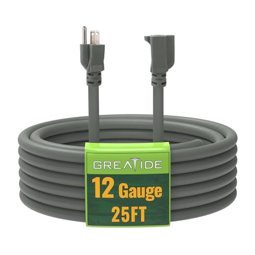 25 Ft Outdoor Extension Cord - 12/3 SJTW Heavy Duty Grey Extension Cable with 3 Prong Grounded Plug - Power Cord for Lawn, Garden, Appliances - color: Grey, size: 25 ft