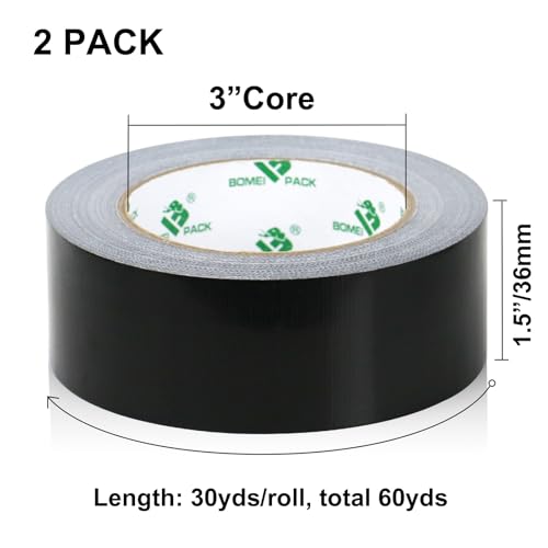 2 Pack Duct Tape Heavy Duty,9 Mil Thickness,1.5 Inches x 30 Yards,Strong Industrial Strength,Flexible,No Residue,Waterproof and Tear by Hand,Multi-Use for Indoor & Outdoor Repairs(Black) (Black) - color: Black