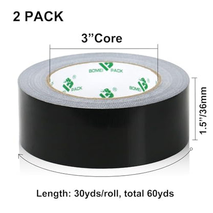 2 Pack Duct Tape Heavy Duty,9 Mil Thickness,1.5 Inches x 30 Yards,Strong Industrial Strength,Flexible,No Residue,Waterproof and Tear by Hand,Multi-Use for Indoor & Outdoor Repairs(Black) (Black) - color: Black