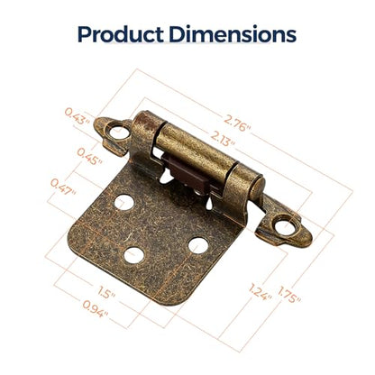 4 Pack (2 Pairs) Antique Brass Cabinet Hinges for Kitchen Doors, Self-Closing, 1/2 Inch Overlay (Variable), Semi-Concealed Face Frame, Surface Mount Cabinet Hardware - color: Antique Brass