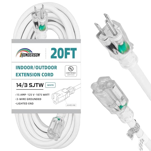 Indoor Outdoor Extension Cord Weatherproof with Lighted End, UL Certified, 14 Gauge 20FT White 3 Prong Heavy Duty, 14/3 SJTW 15A Power Cord for Outdoor Lights, Lawn - size: 20FT, style: 14/3