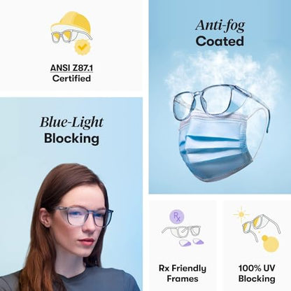 Stoggles Rectangle Z87.1 Certified Safety Glasses, Blue-Light, UV Blocking Lens, Top & Side Shield, Anti-Fog, Stylish Eyewear - color: Moss, size: Medium Low Bridge Fit