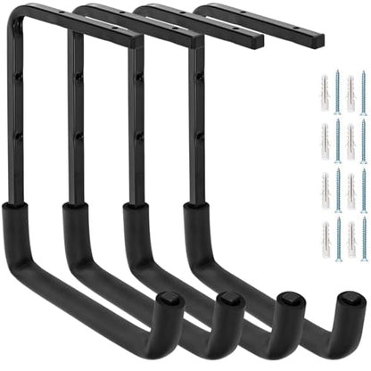 4pcs Ceiling Mounted Garage Hooks, Overhead Garage Storage Rack, Utility Ladder Hangers for Lumber Bike Tools (9.45 x 12.6 Inch)