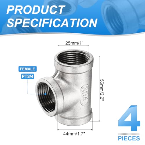 uxcell 4 Pcs 304 Stainless Steel Tee Pipe Fittings G3/4" Female Tee Adapter 3 Way t Shaped Cast Pipe Fitting Connector with Seal Tape for Plumbing Drainage Pipes Heating Systems - size: G3/4"