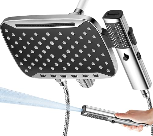 JDO High Pressure Rain Shower Head with Handheld Spray, 7 Modes Dual Shower Head Combo, 12 Inch Rainfall Showerhead Detachable, Power Wash for Bathroom Cleaning