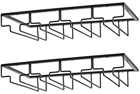 FOMANSH Wine Glass Rack - Under Cabinet Stemware Wine Glass Holder Glasses Storage Hanger 2 Pack Metal Organizer for Bar Kitchen 4 Rows Black - color: Black, size: 4 Rows 2 Packs