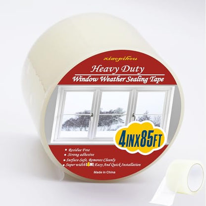 Transparent Window Weather Sealing Tape, 4-Inch x 85FT, Clear Window Draft Isolation Sealing Film Tape-Clear Draft Stopper Adhesive Tape for Doors, Windows and Shower Glass Gaps (4-Inch x 85FT) - size: 4-Inch x 85FT