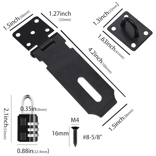 2Pcs Door Locks Hasp Latch,4 Inch 304 Stainless Steel Safety Packlock Clasp Hasp Lock Latch,Hinge Lock Padlock with Screws for Gates,Doors,Cabinets, Closets and More(Black) - style: Black-4INCH