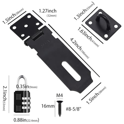 2Pcs Door Locks Hasp Latch,4 Inch 304 Stainless Steel Safety Packlock Clasp Hasp Lock Latch,Hinge Lock Padlock with Screws for Gates,Doors,Cabinets, Closets and More(Black) - style: Black-4INCH