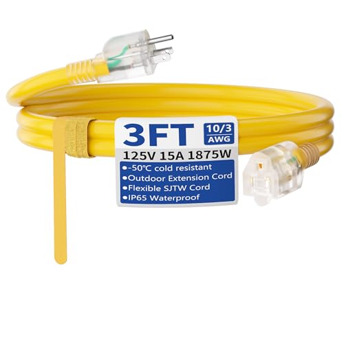 3ft Outdoor/Indoor Extension Cord with Lighted 10/3 Gauge Ultra 3 Prong Heavy Duty SJTW, Waterproof, Flexible Cold-Resistant,15A 125V 1875W, Yellow - size: 3FT