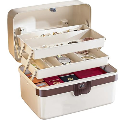 3-Layer Plastic Tackle Lock Box Organizers Storage, Portable Folding Sewing Box with Handle Dividers, Multipurpose Case for Sewing, Art Supplies, Medicine Lock Boxes, Tools Lock Organizer