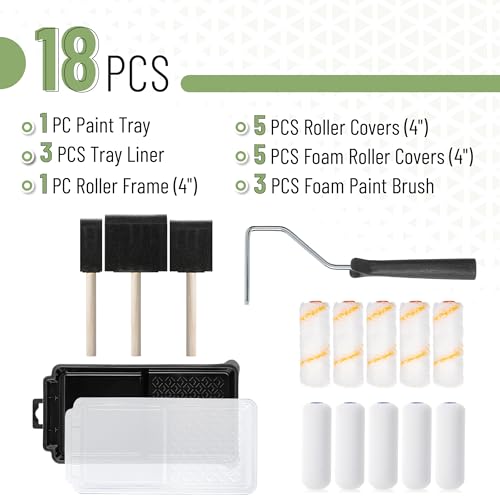 Bates- 4 Inch Paint Roller Set, 18 pcs, 1x Plastic Paint Tray, 3X Disposable Tray Liners, 1x Roller Frame, 5X Foam Covers, 5X Microfiber Covers, 3X Foam Brushes (1", 2", 3")
