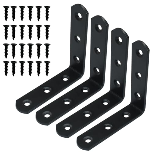 4 Pcs Black Corner Brace L Bracket, 3*3*0.8 inch / 80*80*20mm Iron Right Angle Brackets, Metal Joint Right Angle Bracket for Tables, Furniture, Shelves with Screws - size: 3"- 80mm-Black