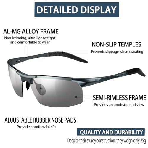 TJUTR Mens Photochromic Sunglasses Day & Night Driving Z87 Sun Glasses Polarized UV400 Protection Safety Glasses - color: A Gun Frame/Grey Photochromic Polarized Lens
