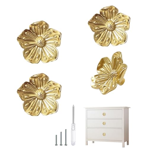 Gold Dresser knobs, Flower Knobs for Dresser Drawer, Brass Floral Cabinet Knob, Decorative Vintage Pulls and Knobs 4 Pack, Kitchen Cupboard Bathroom Cabinet Hardware Handles - style: Flower Shape-4 Pack