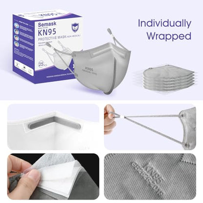 KN95 Adjustable Masks 25 Pack, Individually Wrapped Disposable Masks with Adjustable Ear Loops - color: Grey