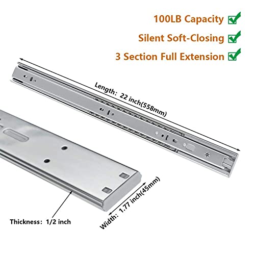 LONTAN 1 Pair Side Mount Heavy Duty Drawer Glides 22 inch Soft Close Drawer Slides 100 LB Capacity Ball Bearing Full Extension Cabinet Rails - color: Silver-Soft Close, size: 22 Inch - Drawer Slide