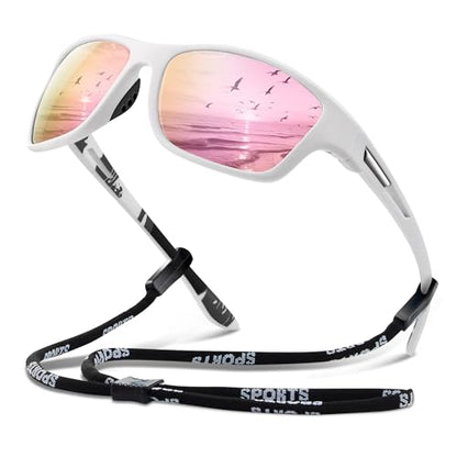 suoso Polarized Sports Sunglasses for Men: UV400 Protection Glasses Wrap Around Goggles for Driving Fishing - color: A9-white Pink