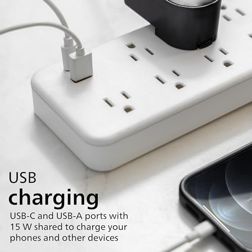 Philips 7-Outlet Surge Protector with USB Charging, 6ft Braided Extension Cord, 1USB-A, 1USB-C, 1500J, Adapter Spaced, Outlet Extender Power Strip, White - SPP3983W/37 - style: 7 Outlet | 1 USB | 1 USB-C