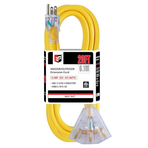 EP 20 Ft 12 Gauge Heavy Duty Extension Cord, 15A 125V 1875W, 3 Outlet Indoor/Outdoor Power Cord with Lighted End, 12/3 SJTW Weatherproof Yellow - color: Yellow, size: 20FT