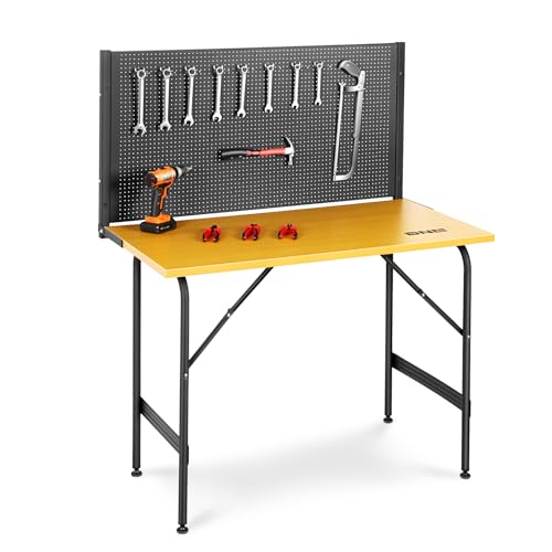 DNA MOTORING 46'' Heavy Duty Work Bench, Hardwood Workbench with Pegboard, Work Table for Garage, Woodworking Shop, Office, Home, w/ 20pcs Multifunctional Hooks, TOOLS-00457